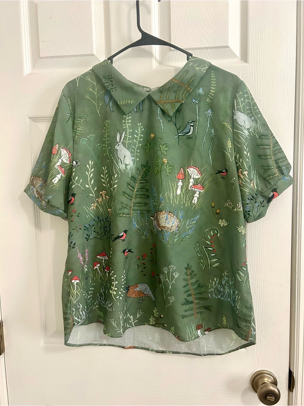 Cottagecore whimsical  Green Woodland Print Peter Pan Collar Blouse XL
